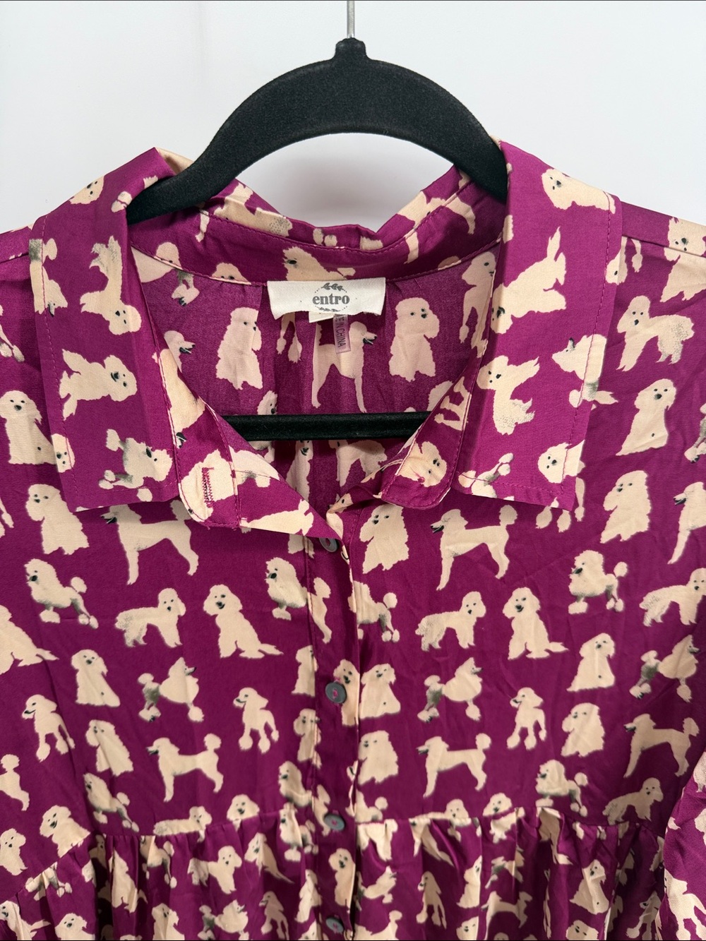 Entro satin short sleeve button up poodle dog novelty print shirt dress sz L - Picture 2 of 9